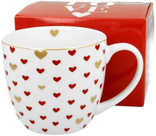 Kubek porcelanowy Serca 3 – 460 ml z dekoracją czerwonych i złotych serc, widok od przodu.