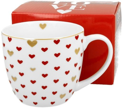Kubek porcelanowy Serca 3 – 460 ml z dekoracją czerwonych i złotych serc, widok od przodu.