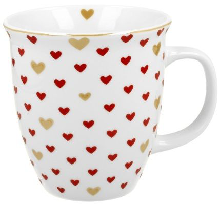 Biały kubek porcelanowy w czerwone i złote serca – kolekcja Serca 3, pojemność 650 ml.