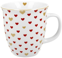 Biały kubek porcelanowy w czerwone i złote serca – kolekcja Serca 3, pojemność 650 ml.