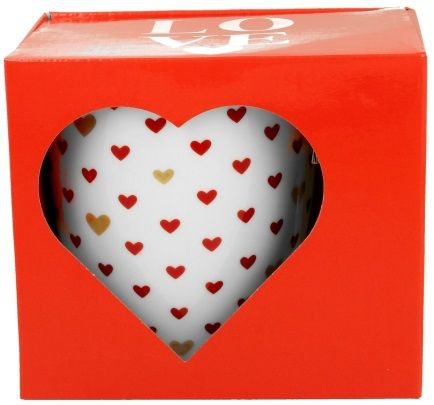 Kubek porcelanowy Serca 3 w ozdobnym pudełku z serduszkowym motywem, widok przez okienko.