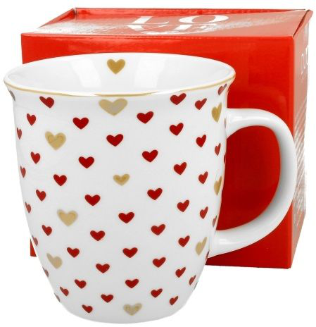 Kubek porcelanowy Serca 3 w czerwone i złote serca ustawiony obok ozdobnego pudełka LOVE.