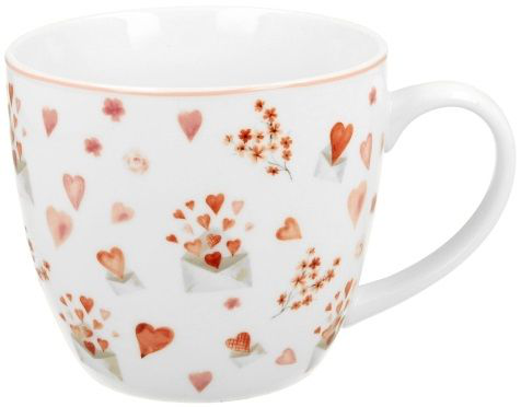 Kubek porcelanowy Walentynka – 460 ml ozdobiony czerwonymi sercami, kopertami i kwiatami.