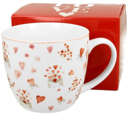 Kubek porcelanowy Walentynka – 460 ml z romantycznym wzorem serc i kwiatów, widok z opakowaniem.
