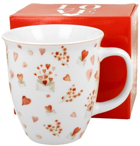 Kubek porcelanowy Walentynka – 650 ml w białym kolorze z czerwonymi serduszkami i kwiatami, zaprezentowany przed pudełkiem.