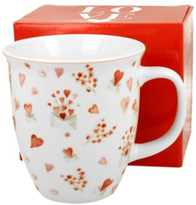Kubek porcelanowy Walentynka – 650 ml w białym kolorze z czerwonymi serduszkami i kwiatami, zaprezentowany przed pudełkiem.