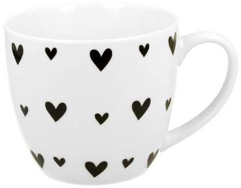 Biały kubek porcelanowy Serca 6 ozdobiony czarnymi serduszkami.