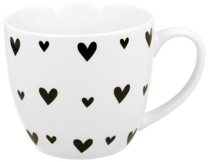 Biały kubek porcelanowy Serca 6 ozdobiony czarnymi serduszkami.