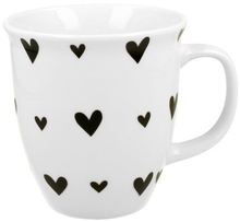Kubek porcelanowy Serca 6 650 ml z czarnymi serduszkami na białym tle – nowoczesny styl.