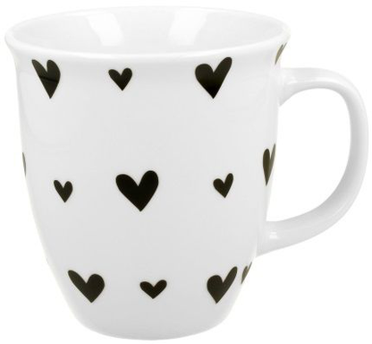 Kubek porcelanowy Serca 6 650 ml z czarnymi serduszkami na białym tle – nowoczesny styl.