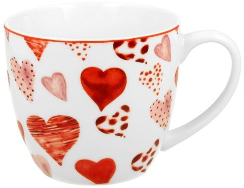 Kubek porcelanowy Serca 1 – 460 ml z motywem czerwonych serduszek, widok z boku.