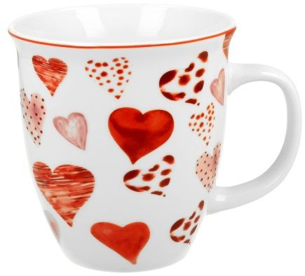 Biały kubek porcelanowy Serca 1 zdobiony czerwonymi i różowymi sercami.