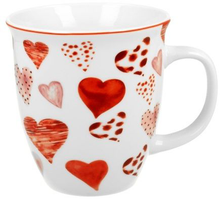 Biały kubek porcelanowy Serca 1 zdobiony czerwonymi i różowymi sercami.
