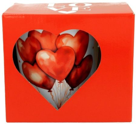 Ozdobne czerwone pudełko prezentowe z okienkiem w kształcie serca – idealny dodatek do kubka porcelanowego Balony 1.
