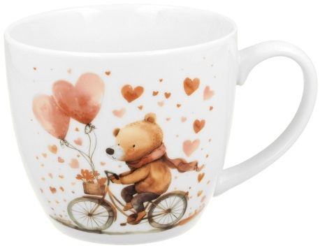 Kubek porcelanowy Miś na rowerze 460 ml z ilustracją misia jadącego na rowerze z balonami.