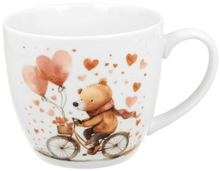 Kubek porcelanowy Miś na rowerze 460 ml z ilustracją misia jadącego na rowerze z balonami.