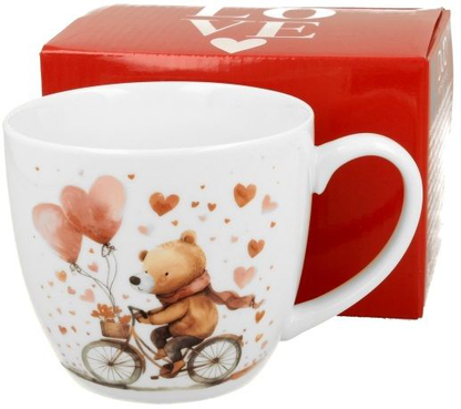 Zestaw kubek porcelanowy Miś na rowerze 460 ml z ozdobnym pudełkiem prezentowym.