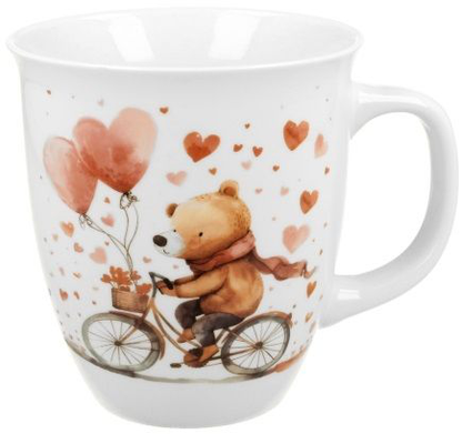Kubek porcelanowy Miś na rowerze – 650 ml z ilustracją misia jadącego na rowerze z balonami w kształcie serc.