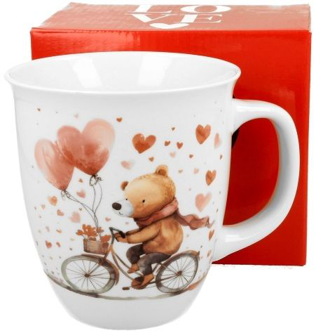 Kubek porcelanowy Miś na rowerze – 650 ml w zestawie z czerwonym pudełkiem prezentowym LOVE.