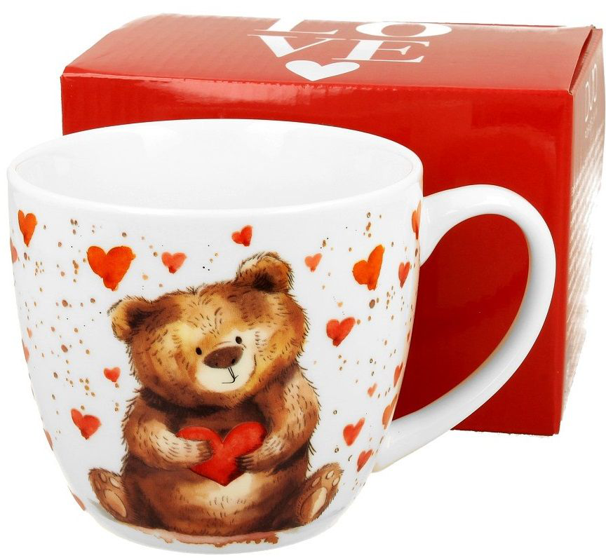 Zestaw kubek porcelanowy Miś z sercem 460 ml z pudełkiem prezentowym.