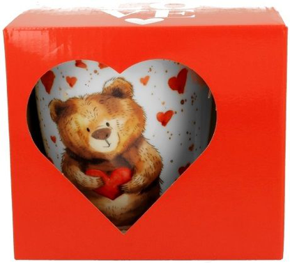 Porcelanowy kubek ozdobiony motywem misia trzymającego czerwone serce, otoczonego serduszkami.