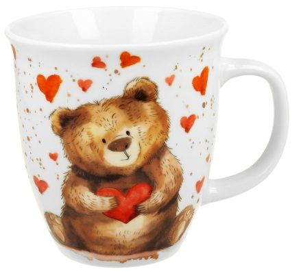 Kubek porcelanowy Miś z Sercem – widok wzoru z bliska, przedstawiający misia i czerwone serca.