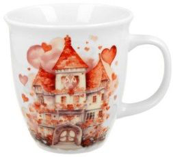 Kubek porcelanowy Pałac 650 ml z romantycznym motywem pałacu i czerwonymi serduszkami – idealny prezent.