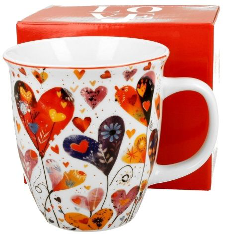 Komplet: porcelanowy kubek Kolorowe Serca 1 wraz z pudełkiem prezentowym LOVE.