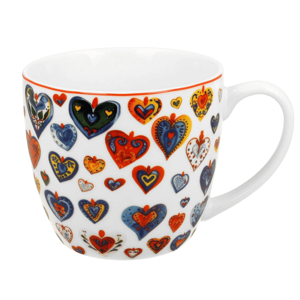 Kubek porcelanowy Kolorowe Serca 3 – 460 ml z czerwonymi i złotymi serduszkami, widok od przodu.