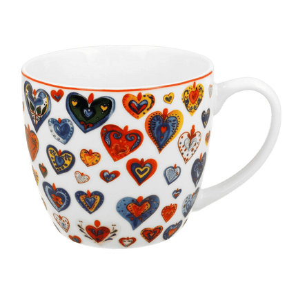 Kubek porcelanowy Kolorowe Serca 3 – 460 ml z czerwonymi i złotymi serduszkami, widok od przodu.