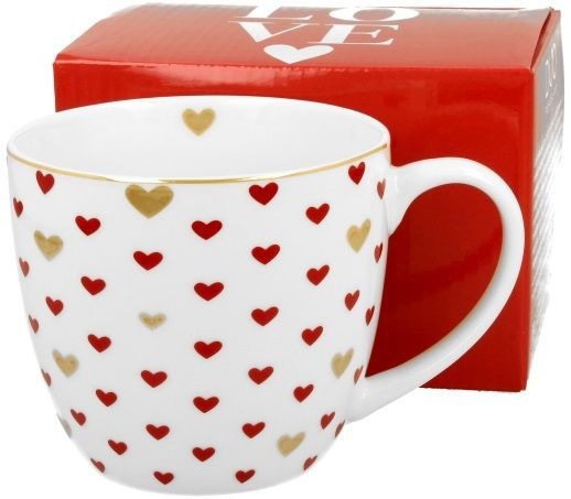 Kubek porcelanowy Kolorowe Serca 3 – 460 ml z motywem czerwonych i złotych serc, widok z boku.