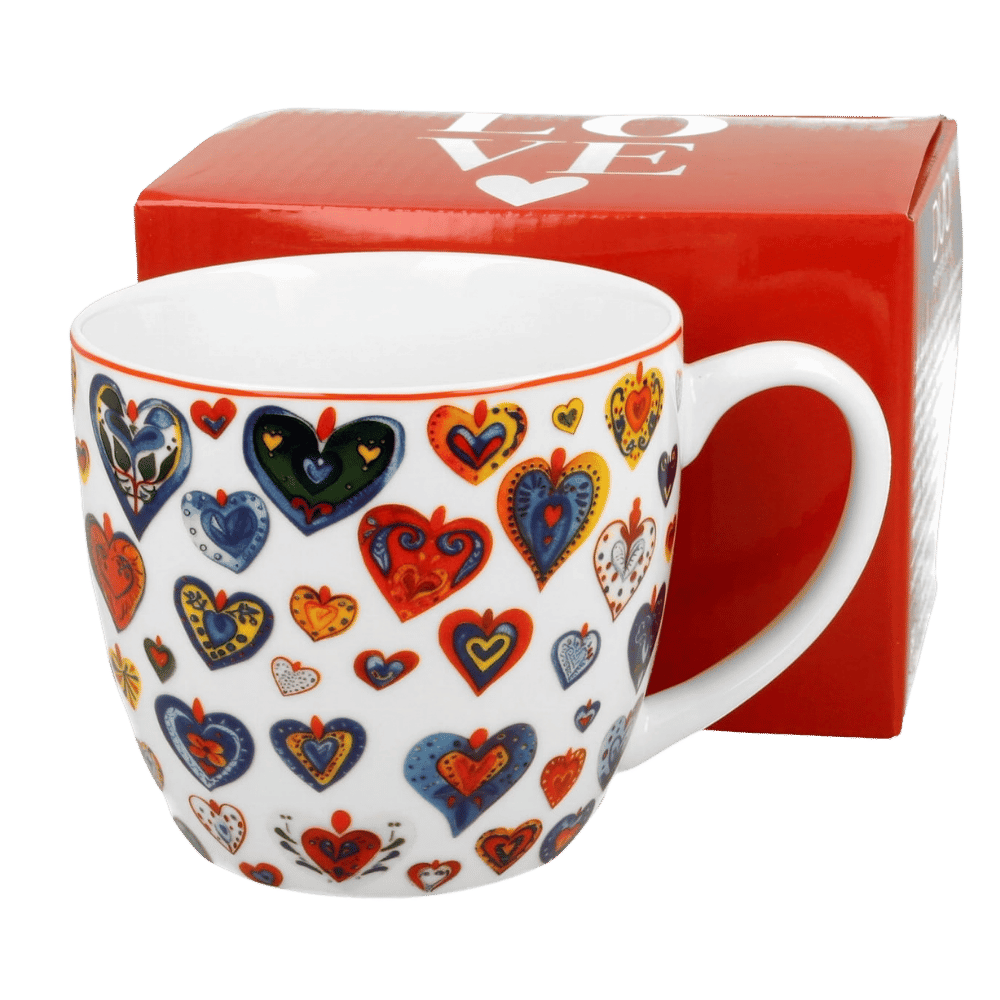 Kubek porcelanowy Kolorowe Serca 3 – 460 ml z motywem czerwonych i złotych serc, widok z boku.