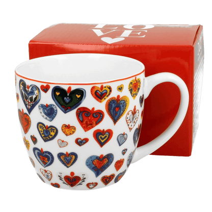 Kubek porcelanowy Kolorowe Serca 3 – 460 ml z motywem czerwonych i złotych serc, widok z boku.