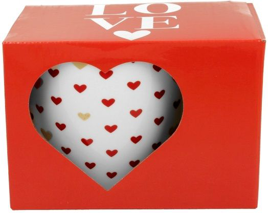 Kubek porcelanowy Kolorowe Serca 3 – 460 ml widoczny w czerwonym pudełku z serduszkowym wzorem.