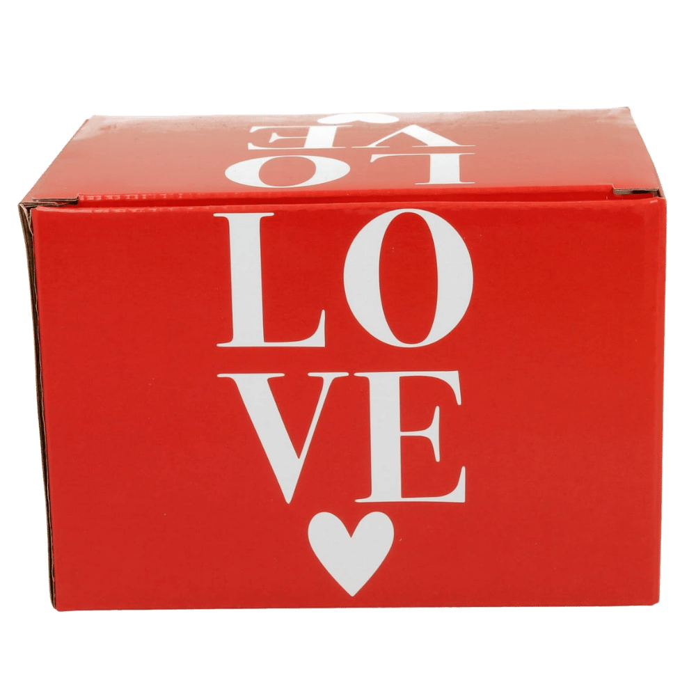 Pudełko prezentowe czerwone z napisem LOVE do kubka porcelanowego Kolorowe Serca 3 – 460 ml.
