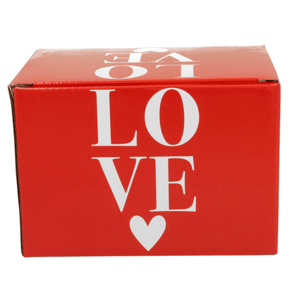 Pudełko prezentowe czerwone z napisem LOVE do kubka porcelanowego Kolorowe Serca 3 – 460 ml.