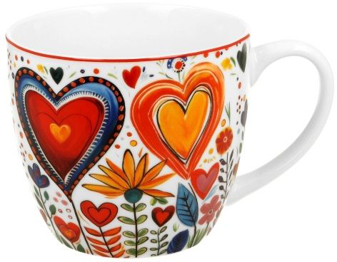 Kubek porcelanowy Kolorowe Serca 2 – 460 ml zdobiony barwnymi sercami i kwiatami w żywych kolorach.