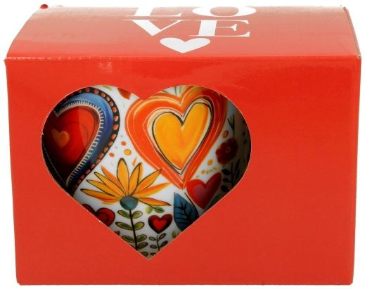 Kubek porcelanowy Kolorowe Serca 2 – 460 ml widoczny w czerwonym pudełku z wyciętym sercem.