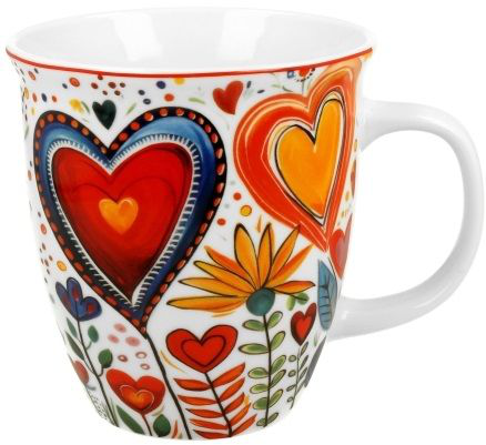 Porcelanowy kubek 650 ml z motywem kolorowych serc i kwiatów, widok z przodu.