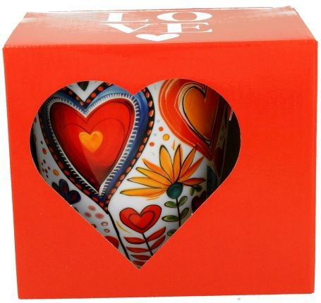 Pudełko prezentowe z okienkiem w kształcie serca, przez które widać wzór kubka Kolorowe Serca 2.