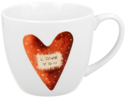 Biały kubek porcelanowy z czerwonym sercem i napisem Love You o pojemności 460 ml.