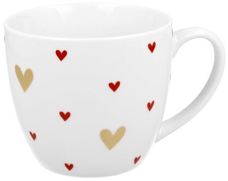 Kubek porcelanowy Serca 4 o pojemności 460 ml z czerwonymi i złotymi serduszkami – elegancki design i funkcjonalność.