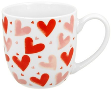 Kubek porcelanowy Love 2 o pojemności 380 ml z czerwonymi i różowymi serduszkami na białym tle.