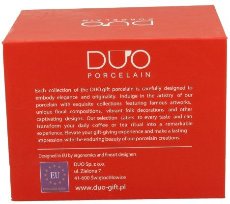 Czerwone pudełko DUO Porcelain z opisem kolekcji porcelany i logo producenta.