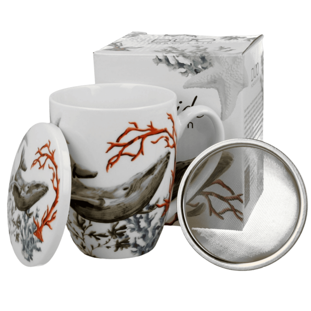 Kubek z zaparzaczem Wieloryb 360 ml, porcelana z motywem morskiego zwierzęcia