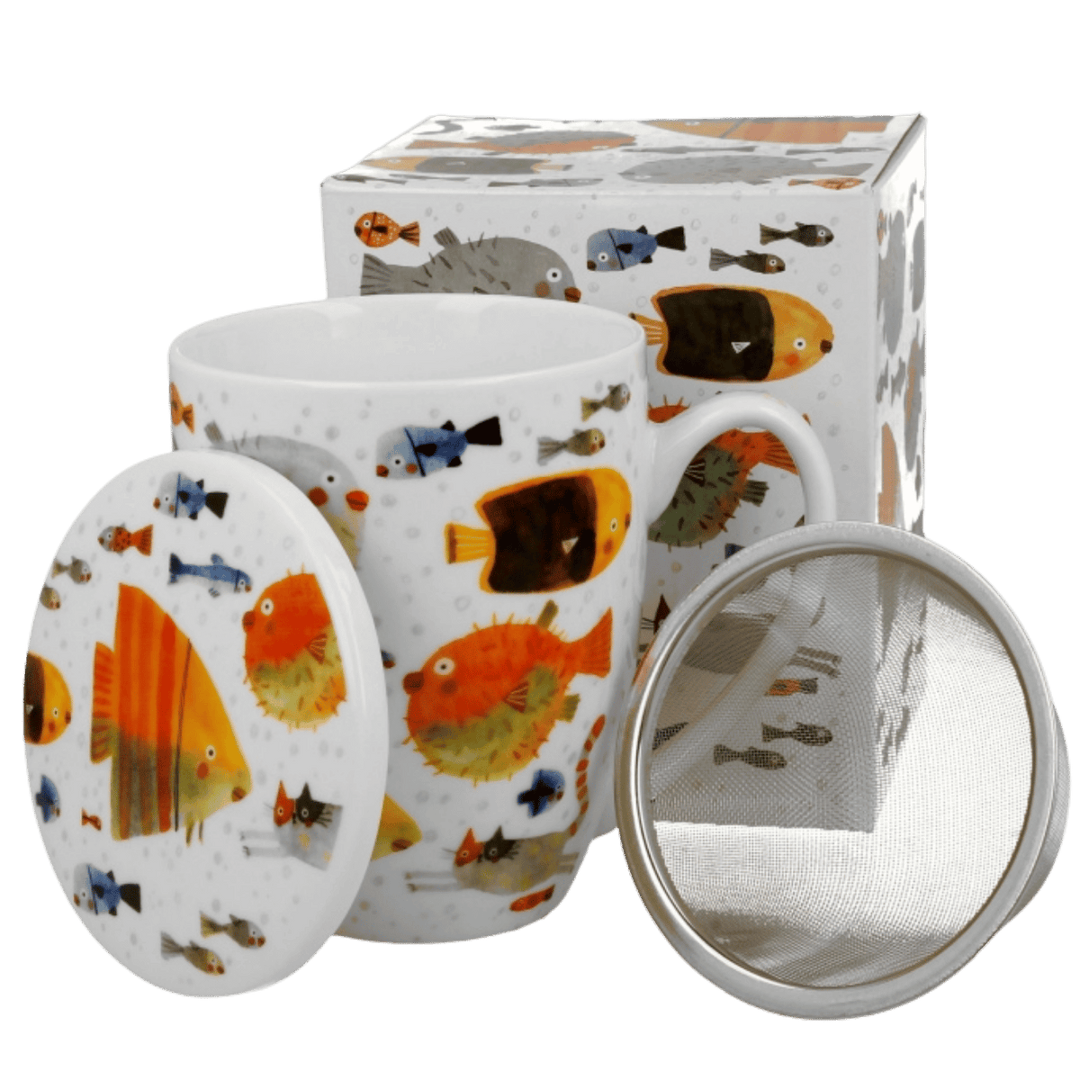 Kubek z zaparzaczem Ryby 360 ml, porcelana z podwodnym motywem