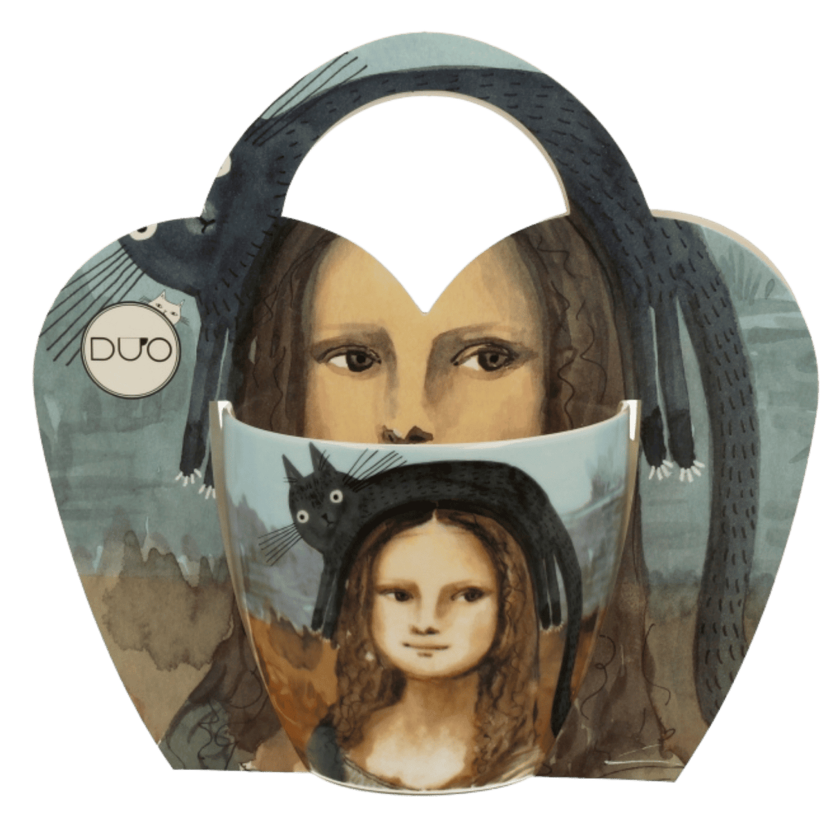Kubek porcelanowy Duo Mona Lisa z Kotem 460 ml, motyw portretu i czarnego kota