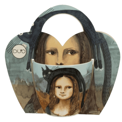 Kubek porcelanowy Duo Mona Lisa z Kotem 460 ml, motyw portretu i czarnego kota