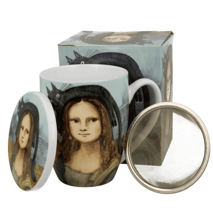 Kubek porcelanowy Mona Lisa z Kotem 360 ml z zaparzaczem, wzór z czarnym kotem