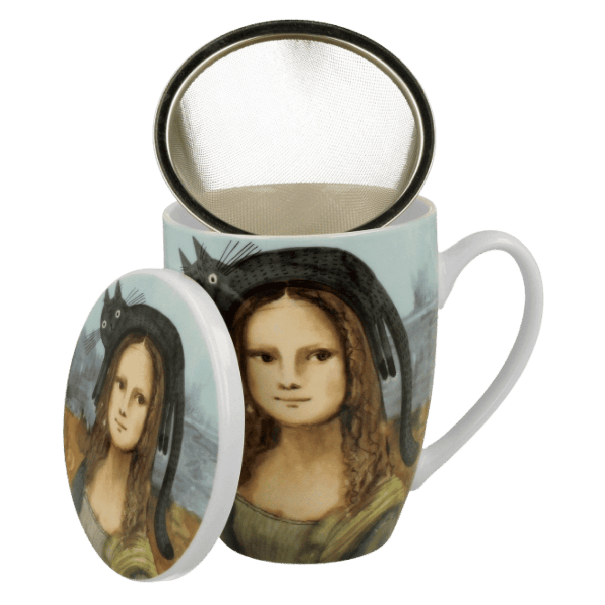 Kubek Mona Lisa z Kotem 360 ml z metalowym zaparzaczem do herbaty i pokrywką